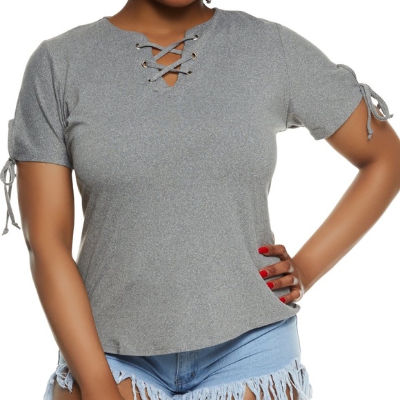 Plus Size, Gray Lace-Up Women's Top, Size 1X - Picture 1 of 6